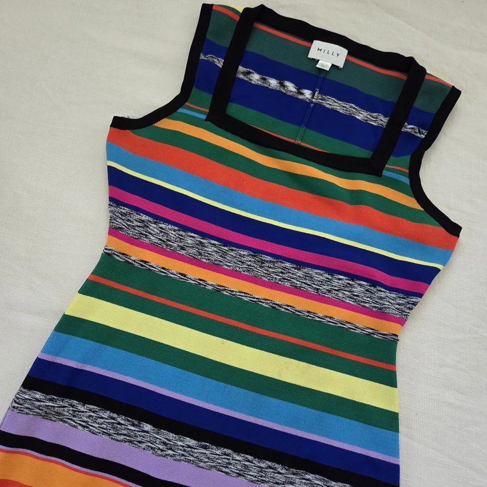 MILLY Rainbow Colorful Striped Women's Dress 10/12 Fitted Bodycon Pencil - Picture 2 of 13